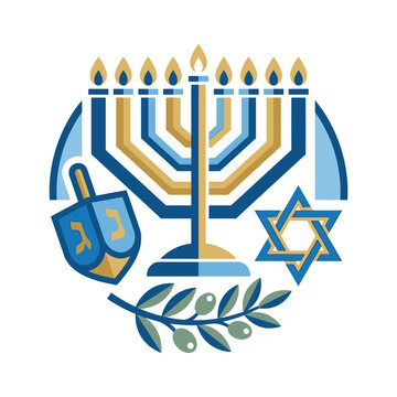 A flat vector illustration of Hanukkah symbols including a menorah and dreidel