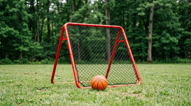 Basketball rebounder net on a grassy field. Sports training equipment for practicing ball skills.