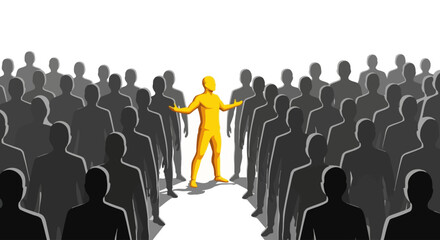 Obraz premium A yellow figure stands out from a crowd of gray silhouettes.