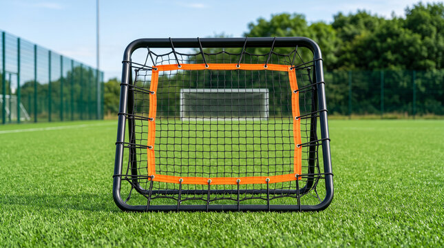 Soccer rebounder net on a green field. Sports training equipment for football practice and drills.