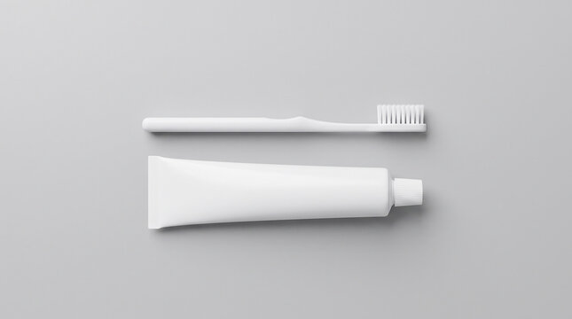 White toothbrush and toothpaste tube. Dental hygiene tools for daily oral care on a gray background.
