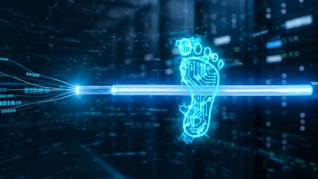 Digital identity footprint biometric circuit trace data stream network security with biometric scan dark data center and cyber footprint signal byte
