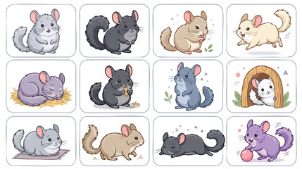 Fototapeta premium Cute cartoon chinchilla stickers set with various poses and colors