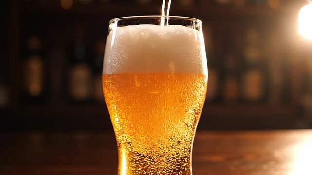 Slow motion video of golden craft beer being poured into a chilled glass