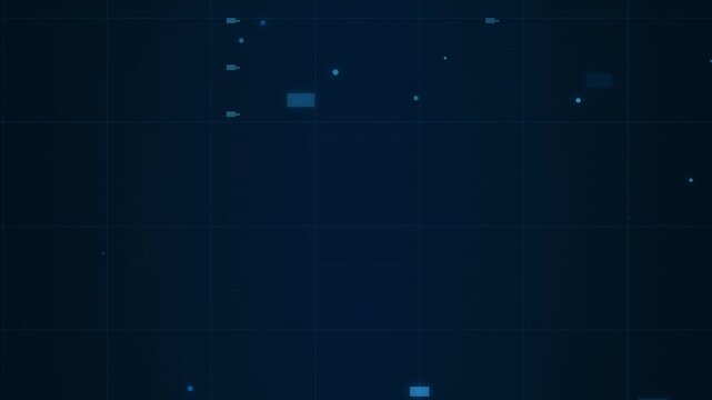 Abstract dark blue grid background with moving digital data points and glowing blue rectangles, futuristic technology concept
