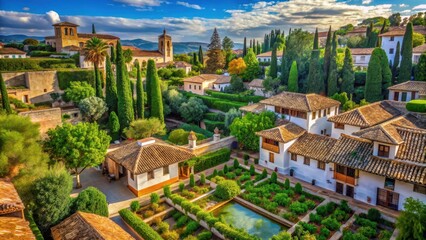 Fototapeta premium A tranquil oasis sprawls beneath the ancient terracotta rooftops and cypress trees of mondariz historic andalusian countryside
