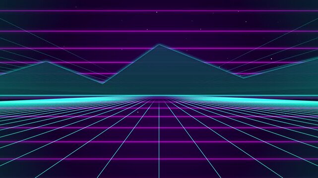 Retro 80s synthwave grid landscape with neon lines and digital mountain peak, abstract futuristic cyberspace background