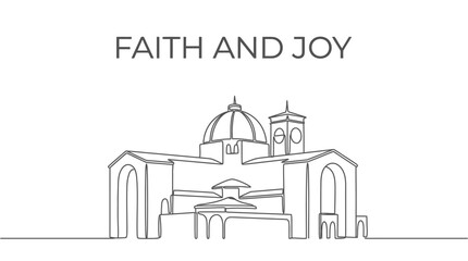 Obraz premium Continuous line drawing of a church building with dome and tower.