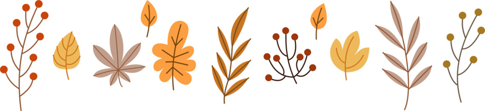 Autumn leaves border vector, horizontal fall foliage divider design element set with branches and berries on white background