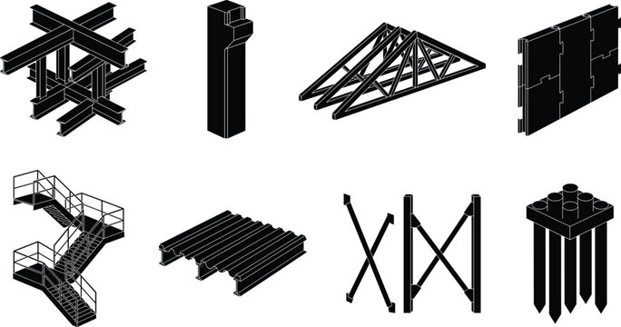 Isometric Construction Structural Elements Set with Beams, Columns, Trusses, and Foundations