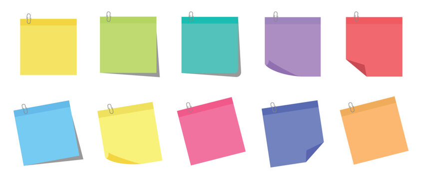 Sticky note paper set attached with paper clip. Blank paper sheets or sticky notes. Office reminder notes set. post it note paper, Colorful memo reminder.	