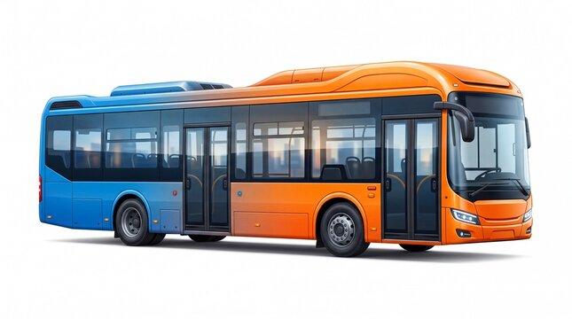 Modern orange and blue public transit bus featuring large windows isolated on transparent background