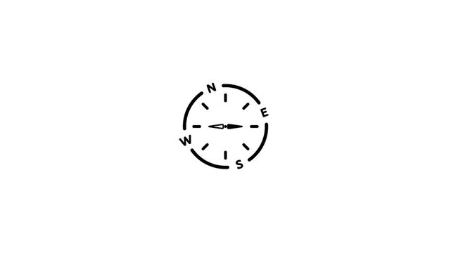 A simple black line of a compass with cardinal directions North East South West and a needle pointing towards the North East direction on a clean white background with no other present in the
