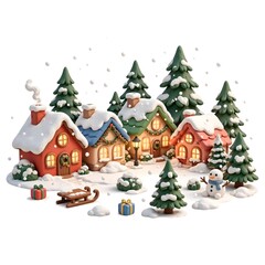 Naklejka premium A charming cozy winter village scene with snow-covered cottages, glowing windows, Christmas wreaths, pine trees and falling snowflakes conveying festive holiday warmth and seasonal magic