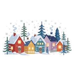Fototapeta premium A charming cozy winter village scene with snow-covered cottages, glowing windows, Christmas wreaths, pine trees and falling snowflakes conveying festive holiday warmth and seasonal magic