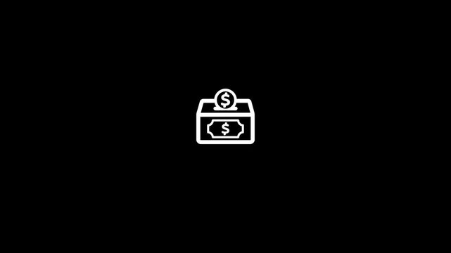 A simple white line of a donation box with a coin slot on and a dollar sign visible on the front panel, with a single coin depicted in the slot, presented on a solid black background with no other