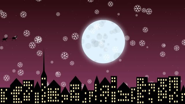 Christmas city skyline with santa sleigh and falling snow under full moon