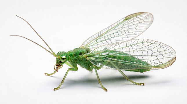 Detailed Close Up View Of A Vibrant Green Lacewing Insect