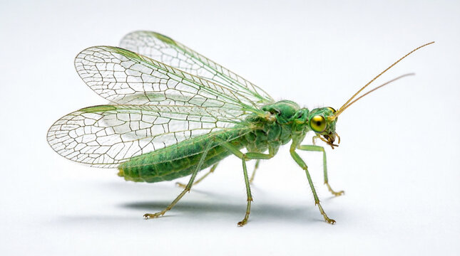Detailed Close Up View Of A Vibrant Green Lacewing Insect