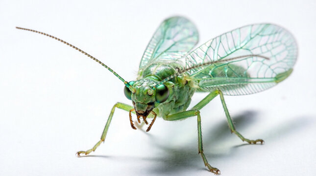 Macro Portrait Of A Vibrant Green Lacewing With Intricate Wings