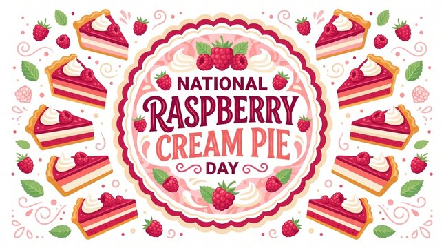 Delicious raspberry cream pie slices arranged around a festive circular label