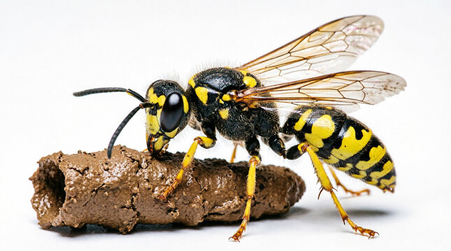 Macro Portrait Of A Mud Dauber Wasp Constructing Mud Nest