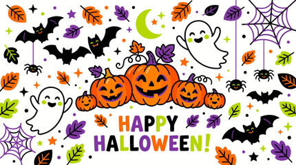 Fototapeta premium Happy Halloween vector illustration with cute smiling pumpkins, ghosts, bats, spiders, and autumn leaves on a white background, perfect for festive seasonal holiday greeting cards and party decoration