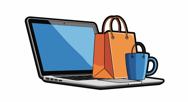 Digital shopping laptop with shopping bags and cup