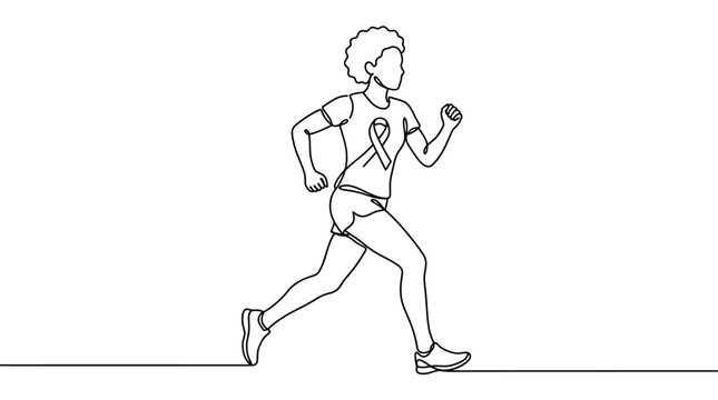 Continuous line drawing of a woman running for breast cancer awareness.