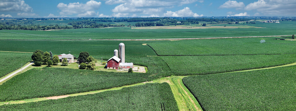 Panorama Aerial View of Farm homesteads and Corn Production Fields in South Western Wisconsin