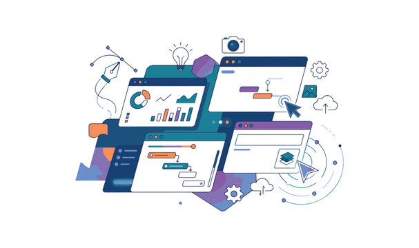 Premium Design Automation Workflow Vector Illustration - Project Management Infographic, Abstract Tech UI Dashboard Elements & Creative Tools Clipart for Website  SaaS Platform