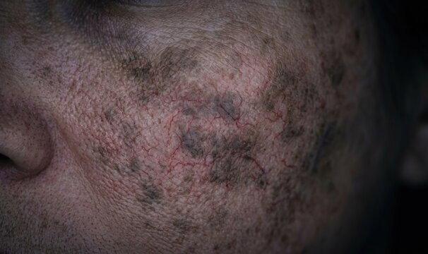 Extreme macro of mature human skin with severe melasma pigmentation and visible red capillaries
