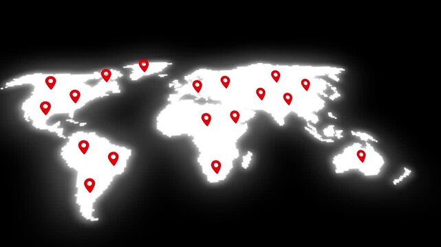 Global map of the in white with a glowing outline and numerous red location pins marking various points across continents representing international business travel or data distribution
