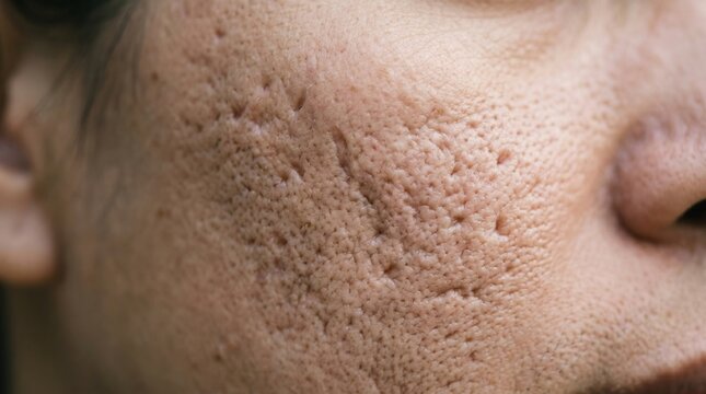 Macro detail of human cheek with severe atrophic acne scars and enlarged pores