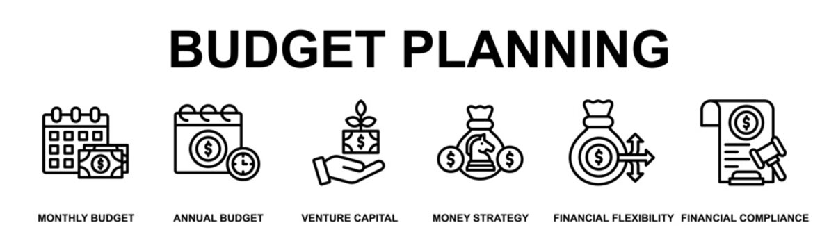 Budget Planning Banner Web Outline Icon Vector Illustration Concept for Business with Icons of Monthly Budget, Annual Budget, Venture Capital, Money Strategy, Financial Flexibility