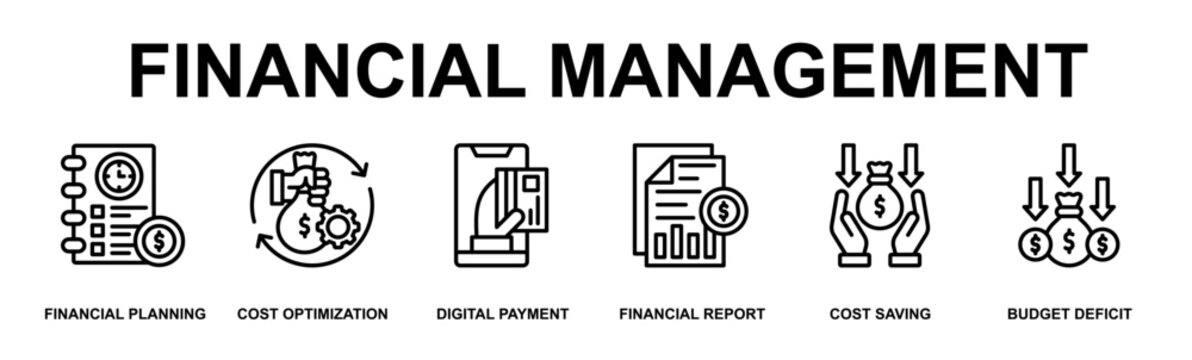 Financial Management Banner Web Outline Icon Vector Illustration Concept for Business with Icons of Financial Planning, Cost Optimization, Digital Payment, Financial Report, Cost Saving, Deficit