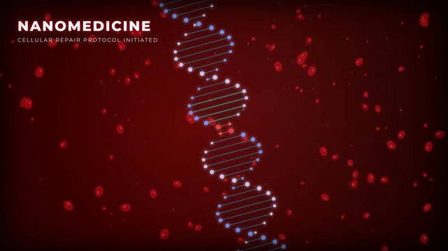 Nanobot DNA Repair: A modern motion graphic showcasing microscopic medical nanobots repairing damaged DNA strands inside a glowing bloodstream