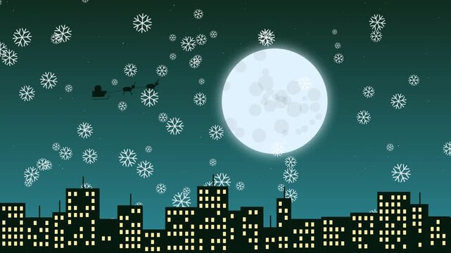 Santa claus flying over city skyline with full moon and falling snow animation