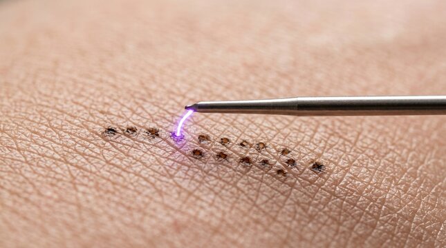 Macro of plasma pen fibroblast treatment creating micro burns on skin for non-surgical tightening