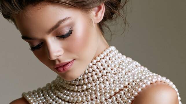 Elegant woman adorned with multi-tiered pearl choker necklace, looking downward.