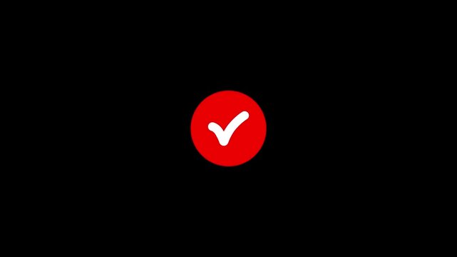 A simple white check mark symbol is displayed within a solid red circular background against a completely black backdrop representing a correct choice or confirmation