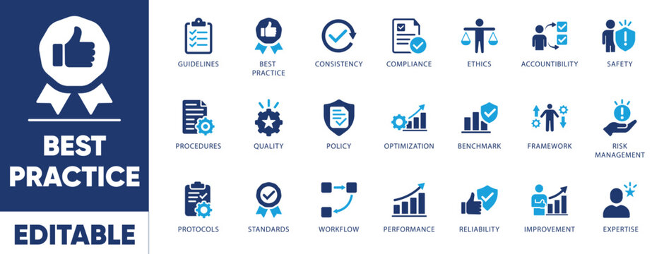 Best practice and corporate compliance vector icon set. Business standards, quality, and workflow flat glyphs.