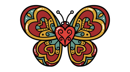 Ornate Butterfly with Heart Wings, Intricate Patterns, Vibrant Colors, Isolated © Chicken