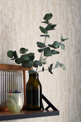 Shelf in living room with wind musical chimes, vase with eucalyptus and colorful stones. Cozy home interior. © Nadezhda Zaitceva