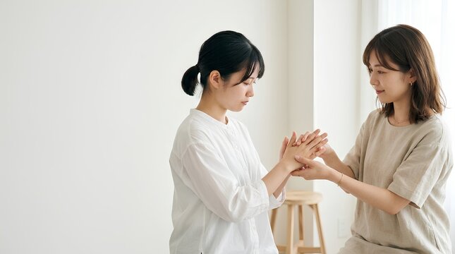 触手話でコミュニケーションをとる笑顔の女性二人（福祉・多様性）