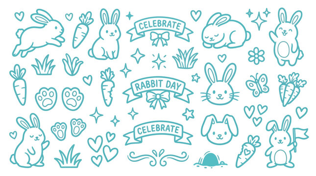 Cute cartoon rabbit illustrations with carrots, paw prints, and celebratory banners for Rabbit Day.