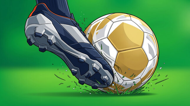Dynamic vector illustration of a soccer player's boot kicking a golden football on a green pitch.
