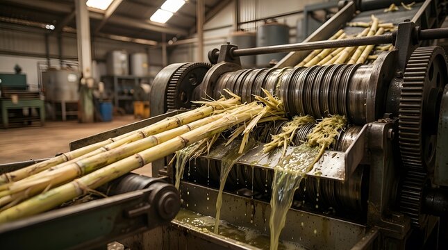 Sugarcane stalks being crushed by industrial rollers to extract juice in a processing plant.