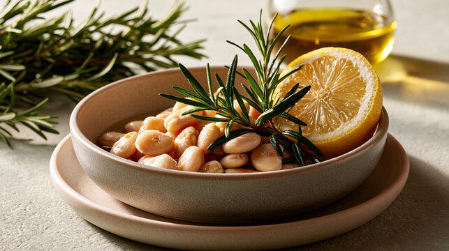 Simple bowl of white beans with rosemary olive oil and lemon highlighting affordable longevity and quiet luxury Mediterranean home lifestyle