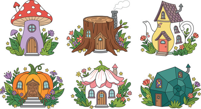 Fairy house icon set with cute fantasy dwellings including mushroom tree stump teapot pumpkin flower and stone shell homes vector illustrations